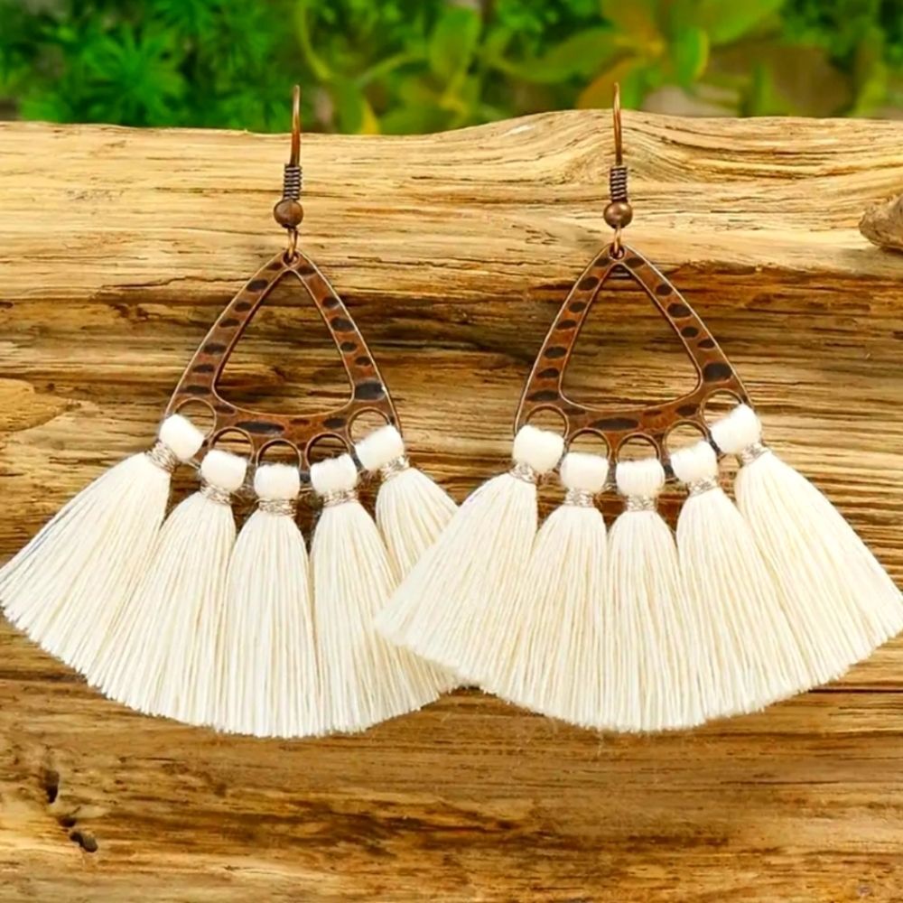 Cream tassel fringe fan earrings